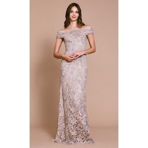 Tadashi Shoji Markle Embroidered Off the Shoulder Gown